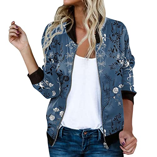 Briskorry Damen Casual Jacke Blumenmuster Langarm Bomberjacke Reißverschluss Stehkragen Outwear Kurz Coat Herbst Frühling Floral Casual Jacke Vintage Baseballkragen Jacke von Briskorry