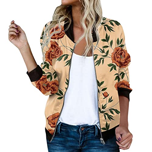 Briskorry Damen Casual Jacke Blumenmuster Langarm Bomberjacke Reißverschluss Stehkragen Outwear Kurz Coat Herbst Frühling Floral Casual Jacke Vintage Baseballkragen Jacke von Briskorry