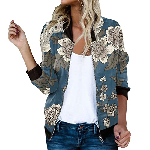 Briskorry Damen Casual Jacke Blumenmuster Langarm Bomberjacke Reißverschluss Stehkragen Outwear Kurz Coat Herbst Frühling Floral Casual Jacke Vintage Baseballkragen Jacke von Briskorry