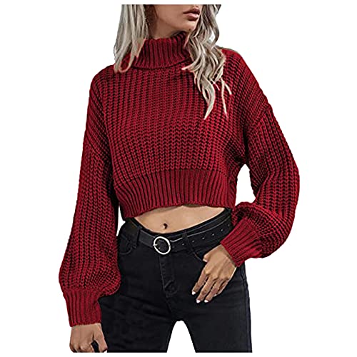 Briskorry Damen Crop Top Pullover Damen Sport Sweatshirt Kurz Langarmshirt Schulterpartie Pullover Rollkragen Langarm Tops Oberteil mit Taschen von Briskorry