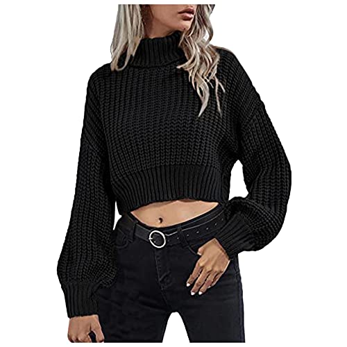 Briskorry Damen Crop Top Pullover Damen Sport Sweatshirt Kurz Langarmshirt Schulterpartie Pullover Rollkragen Langarm Tops Oberteil mit Taschen von Briskorry