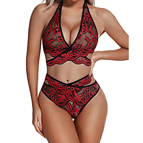 Briskorry Damen Dessous Set Sexy Spitze BH und Slip Verstellbar Unterwäsche Transparente Lingerie Sets Stickerei Negligees für Frauen Reizwäsche Bra und Höschen Babydoll von Briskorry