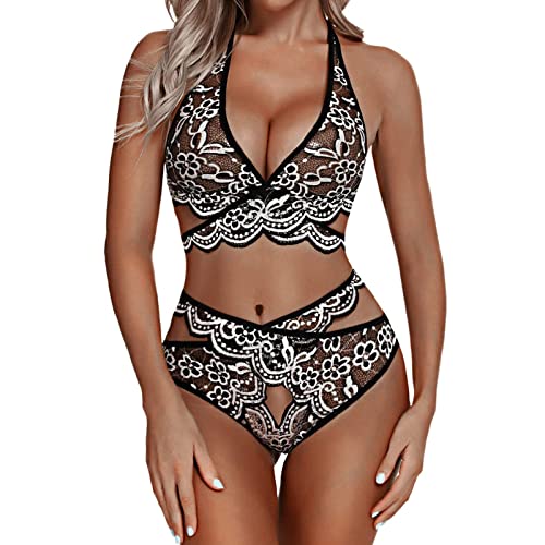 Briskorry Damen Dessous Set Sexy Spitze BH und Slip Verstellbar Unterwäsche Transparente Lingerie Sets Stickerei Negligees für Frauen Reizwäsche Bra und Höschen Babydoll von Briskorry