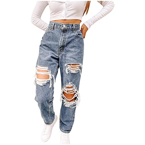 Briskorry Damen Elegant Jeans Lang High Waist Denim Hose Einfarbig Zerrissene Jeanshose Moderne Gerade Streetwear-Hose Vintage Straight Freizeithose für Outdoor von Briskorry