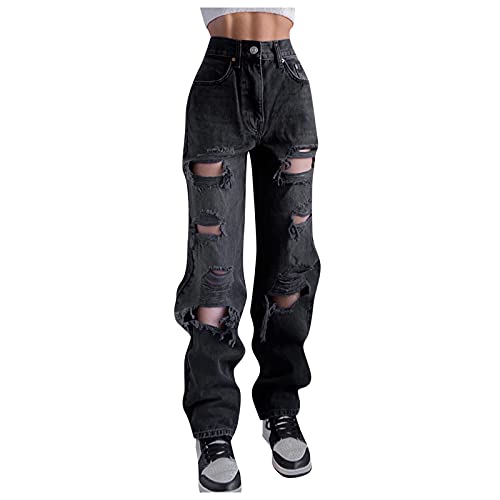 Briskorry Damen High Rise Straight Jeanshose Ripped Loch Denim Hose Baggy Vintage Flare Gerade Hosen Locker Lang Lässig Freizeithose E-Girl Streetwear von Briskorry