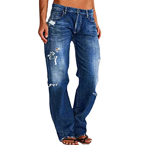 Briskorry Damen Jeans Loch Jeans Casual Baggy Boyfriend Jeanshosen Locker Lang Weites Bein Hose Denim Straight Lässig Denim Pants Bootcut Mid Waist Stilvoll mit Taschen von Briskorry