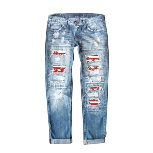 Briskorry Damen Jeans mit Blumenmuster Zerrissene Hose mit Mittlerer Taillenloch Jeanshose Distressed Washed Denim Hosen für Frauen 70Er Bunt Jeans Weitem Bein Stretch Jeans von Briskorry