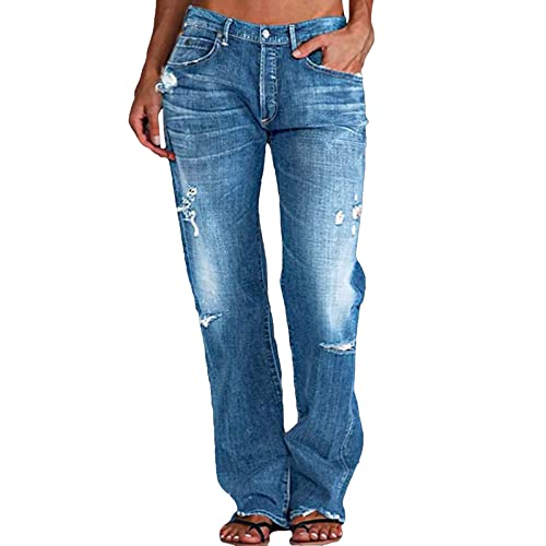 Briskorry Damen Jeanshosen Vintage Hohe Taille Straight Jeans Gewaschene Jeans Y2K Mode Loch Denim Hose Baggy Jeans Weites Bein Gerade Denim Hose Lose E-Girl Streetwear Zerrissenes Loch Denimhose von Briskorry