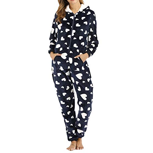 Briskorry Damen Jumpsuit Teddy Fleece Einteiler Overall Anzug Flauschig Einteiler Onesie Einteiler Onesie mit Kapuze rotem Ohr, Liebesärmeln,Langem Reißverschluss Loungewear Schlafoverall von Briskorry