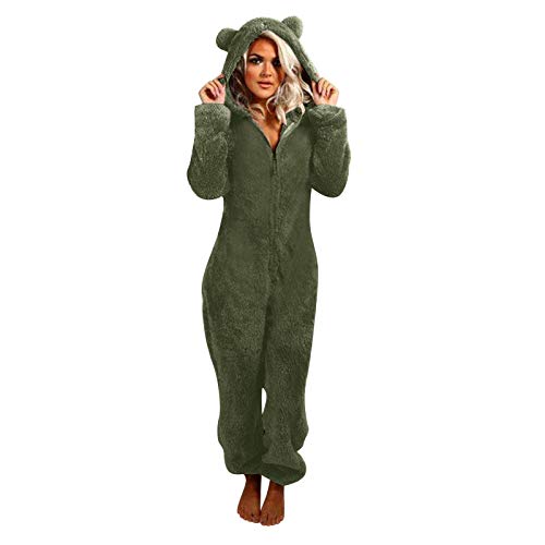 Briskorry Damen Jumpsuit Teddy Fleece Schlafanzug Einteiler Winter Warm Onesie Plüsch Kuschelig Overall Flauschig Hausanzug Lang Schlafoverall Weich Pyjama Schlafanzug mit Kapuze & Reißverschluss von Briskorry