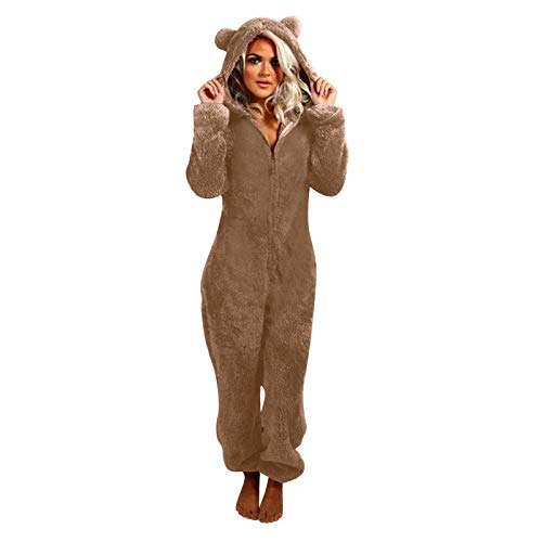 Briskorry Damen Jumpsuit Teddy Fleece Schlafanzug Einteiler Winter Warm Onesie Plüsch Kuschelig Overall Flauschig Hausanzug Lang Schlafoverall Weich Pyjama Schlafanzug mit Kapuze & Reißverschluss von Briskorry