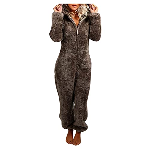 Briskorry Damen Jumpsuit Teddy Fleece Schlafanzug Einteiler Winter Warm Onesie Plüsch Kuschelig Overall Flauschig Hausanzug Lang Schlafoverall Weich Pyjama Schlafanzug mit Kapuze & Reißverschluss von Briskorry