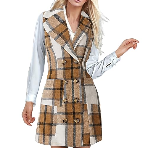 Briskorry Damen Kariert Blazer Kleid Ärmelloses V-Ausschnitt Button Bodycon Büro Business Bleistift Kleid Elegant Mini Bleistiftkleid BüRokleid von Briskorry