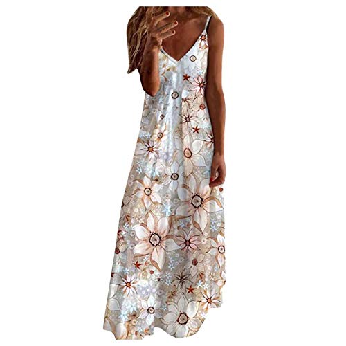 Briskorry Damen Kleider Sommer Lang Strandkleid Blumen Maxikleider Elegant Cami Kleider V-Ausschnitt Freizeitkleider Ärmellos Lässig Langes Casual Sommerkleid Mit Träger von Briskorry