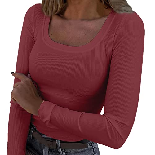 Briskorry Damen Langarmshirt U-Ausschnitt Henley Pullover Basic Oberteile Slim Fit Langarm Shirt Tops S-XXL von Briskorry