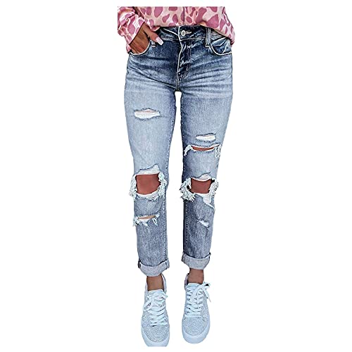 Briskorry Damen Mid Waist Jeans Löcher Bootcut Röhrenjeans Lässige Strecken Denim Hose Hellblau Rissen Ankle Denimhose Knopfleiste Boyfriend Straight Leggings mit Löchern von Briskorry