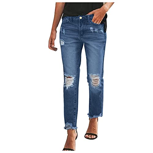 Briskorry Damen Mid Waist Jeans Löcher Bootcut Röhrenjeans Lässige Strecken Denim Hose Hellblau Rissen Ankle Denimhose Knopfleiste Boyfriend Straight Leggings mit Löchern von Briskorry