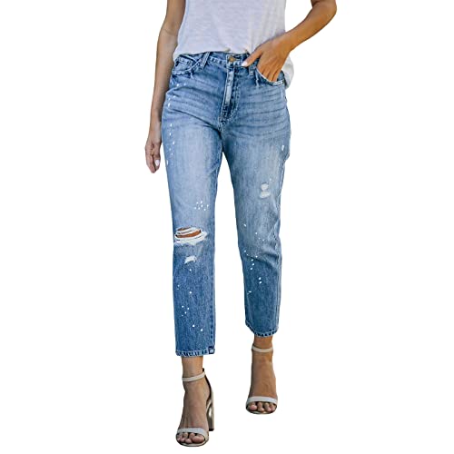 Briskorry Damen Mid Waist Jeans Löcher Bootcut Röhrenjeans Lässige Strecken Denim Hose Hellblau Rissen Ankle Denimhose Knopfleiste Boyfriend Straight Leggings mit Löchern von Briskorry