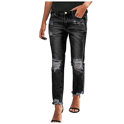 Briskorry Damen Mid Waist Jeans Löcher Bootcut Röhrenjeans Lässige Strecken Denim Hose Hellblau Rissen Ankle Denimhose Knopfleiste Boyfriend Straight Leggings mit Löchern von Briskorry