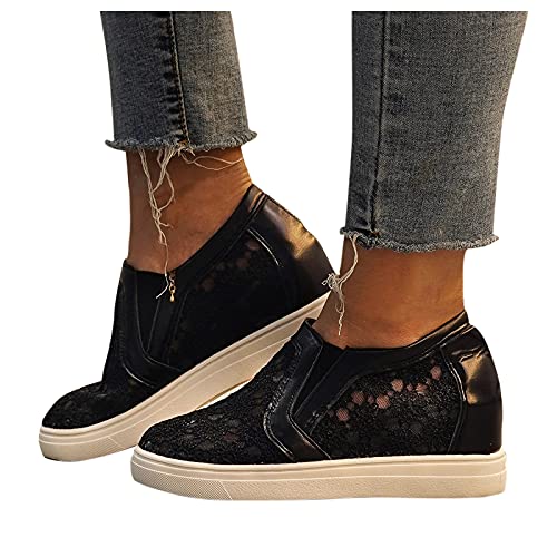 Briskorry Damen Plateau Sneaker Bequeme Netz Laufschuhe mit Keilabsatz Atmungsaktive Strass Glänzend Slippers Freizeitschuhe Leichte Schnüren Flache Schuhe Hohle Loafer Laufen (Schwarz, Numeric_37) von Briskorry