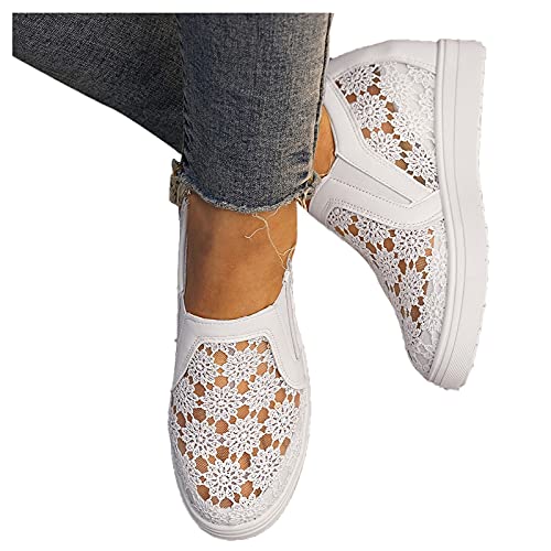 Briskorry Damen Plateau Sneaker Bequeme Netz Laufschuhe mit Keilabsatz Atmungsaktive Strass Glänzend Slippers Freizeitschuhe Leichte Schnüren Flache Schuhe Hohle Loafer Laufen (WeißA, Numeric_37) von Briskorry