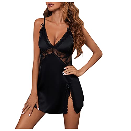 Briskorry Damen Reizwäsche Sexy Dessous V-Ausschnitt Spitze Kurzarm Nachtwäsche Unterkleid mit Hohem Nachthemd Nachtkleid Schlitz Sleepwear Negligee Unterwäsche von Briskorry