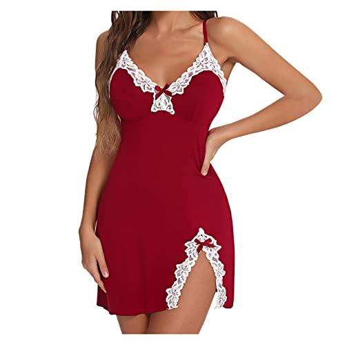 Briskorry Damen Reizwäsche Sexy Dessous V-Ausschnitt Spitze Kurzarm Nachtwäsche Unterkleid mit Hohem Nachthemd Nachtkleid Schlitz Sleepwear Negligee Unterwäsche von Briskorry