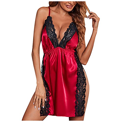 Briskorry Damen Reizwäsche Sexy Dessous V-Ausschnitt Spitze Kurzarm Nachtwäsche Unterkleid mit Hohem Nachthemd Nachtkleid Schlitz Sleepwear Negligee Unterwäsche von Briskorry