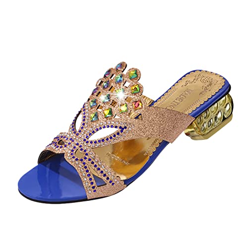 Briskorry Damen Sandalen mit Absatz Gold Strass Glitzer Hausschuhe Slip On Keilsandalen Slippers Sandalette mit Blockabsatz Böhmen Plattform Pumps Retro Plateau Schuhe Sommer (Dark Blue-A, 37) von Briskorry