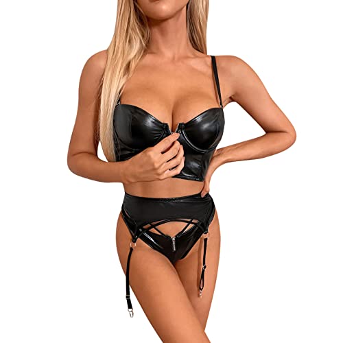 Briskorry Damen Sexy Dessous Set Wetlook Reizwäsche Reißverschluss Lack Leder Crop Top Tanks mit String Lack und Leder Zip Push Up Corset Top mit Strapse und String Tanga Schwarz von Briskorry