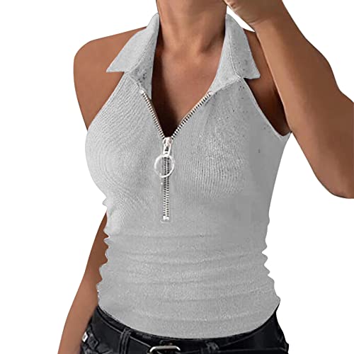 Briskorry Damen Sexy Kurz Tops Neckholder Ärmelloses Crop Top Tiefes V Umlegekragen Tank Oberteil mit Reißverschluss von Briskorry