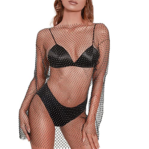 Briskorry Damen Sheer Mesh Puff Langarm Tops Sexy See Through Mesh Strass Beach Bikni Badeanzug Shirts Glitzer Pailletten Tops Blusen Einteiler Cover Up Hollow Out Midi Dress E Gril Streetwear von Briskorry