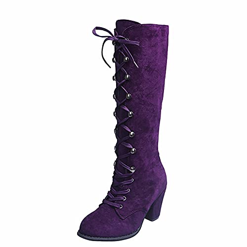 Briskorry Damen Spitze Zehe Mittelhohe Stiefel Retro-Stil Schnürsenkel mit Blockabsatz Stiefel Spitzschuh High Heel Schuhe Schnürsenkel Frauen Klassischer Bequem Einfarbig Stiefeletten Herbst Winter von Briskorry