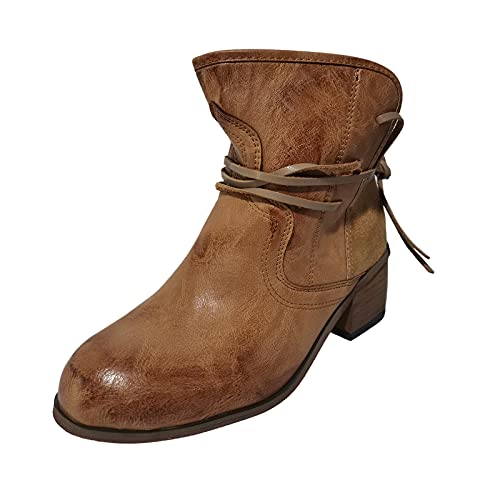 Briskorry Damen Stiefeletten Modische Boots mit Blockabsatz, Einfarbig, Kurze Stiefel, Spitze Stiefeletten,Retro Cowboystiefel Für Frauen Herbst Winter Ankle Boots Römische Kurze Stiefel Schuhe von Briskorry