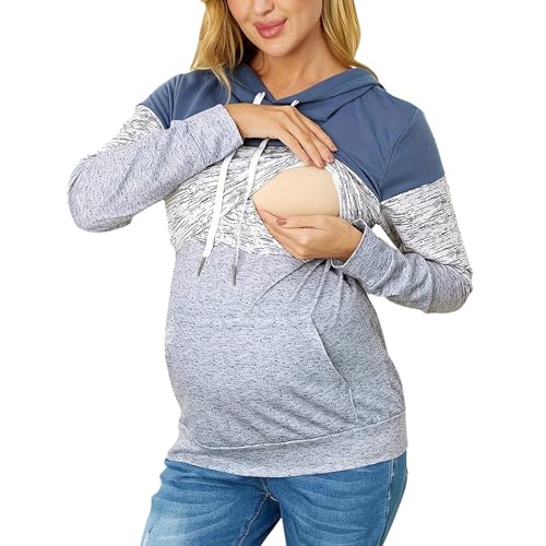Briskorry Damen Stillpullover Winter Baumwolle Langarm Einfarbig Rollkragen Zweilagiges Stillen Sweatshirt Hoodie mit Taschen für Schwangerschaft Basic Stillzeit Umstandsmode Stillshirts (Blue #1, S) von Briskorry
