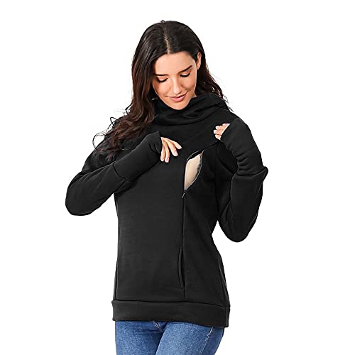 Briskorry Damen Stillpullover Winter Baumwolle Langarm Einfarbig Rollkragen Zweilagiges Stillen Sweatshirt Hoodie mit Taschen für Schwangerschaft Basic Stillzeit Umstandsmode Stillshirts Mit Scarf von Briskorry