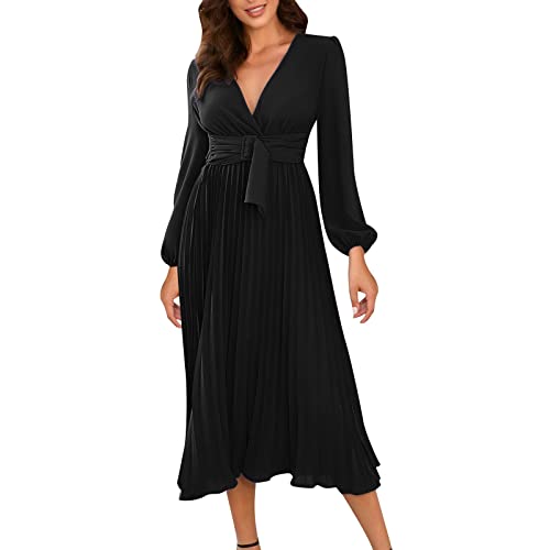 Briskorry Damen Vintage Cocktailkleid Langarm Festliches Kleider Stehkragen A-Line Swing Knielang Party Kleid Faltenrock Rockabilly Kleider Damen Festlich Midi Abendkleider Elegant für Hochzeit von Briskorry