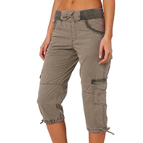 Briskorry Damen Wanderhose Elastische Cargohose Leichte 3/4 Sporthose Sommer Freizeithose Baggy Kordelzug Trainingshose mit Seitentaschen Caprihose Outdoorhose Jogginghose von Briskorry