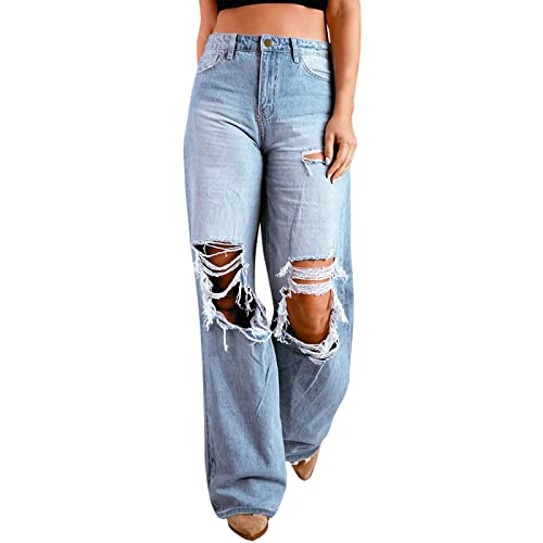 Briskorry Damen Y2K High Rise Straight Jeanshose Ripped Loch Denim Hose Baggy Vintage Flare Gerade Hosen Locker Lang Lässig Freizeithose E-Girl Streetwear von Briskorry