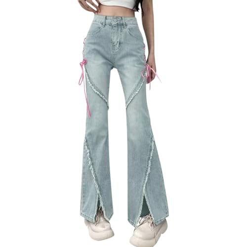 Briskorry Damen Y2k Jeans Low Waist Baggy Flared Jeanshosen Stern Muster Gerade Breites Bein Grunge Denim Schlaghose Harajuku Aesthetic Vintage E-Girl Streetwear Pants von Briskorry