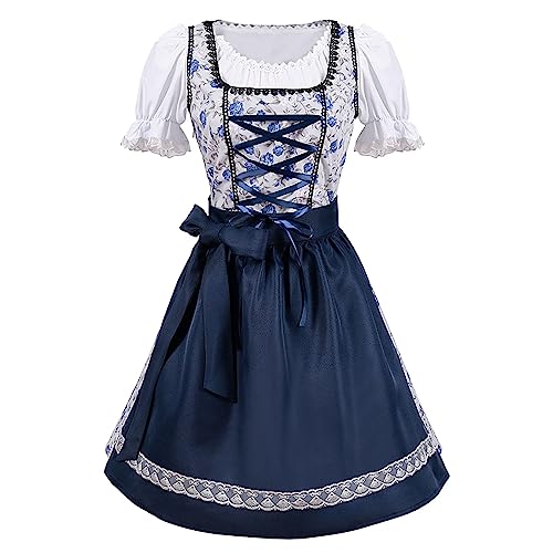 Briskorry Dirndl Damen Midi Dirndlkleid mit eckigem Ausschnitt Dirndl & Dirndl-Sets Vintage Beer Taverne Trachtenbluse Oktoberfest Outfit Elegant Kleid&Schürze für Oktoberfest,Karneval (Blue, XXL) von Briskorry