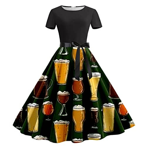 Briskorry Dirndl Damen Midi Trachtenkleid Kurzarm Kleider Frauen Sommer Casual Rundhals Kurzarm Kleid Mit Abnehmbarem Gürtel Lustige Oktoberfest Drucken Casual Kleid Wickelkleid Damen Sommer von Briskorry