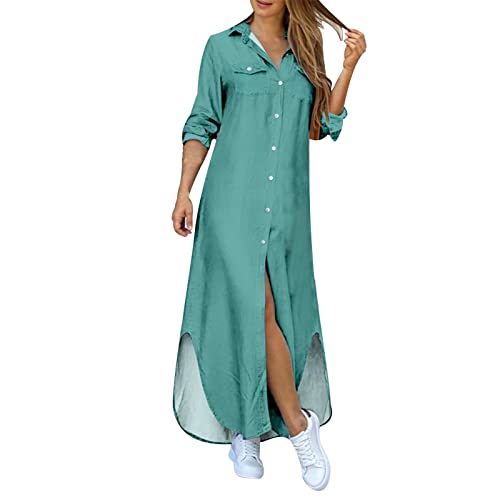 Briskorry Einfarbig Blusenkleid Damen Sommer Langarm Hemdkleid Casual Locker Sommerkleid Elegante Maxikleid große Größe Freizeitkleid Langes Kaftan Kleid mit Taschen von Briskorry