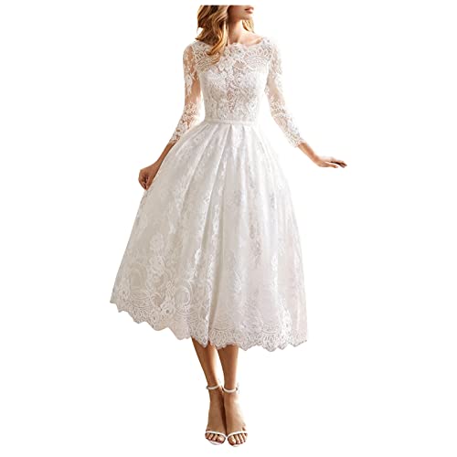 Briskorry Elegant Damen A Linie Kurz Spitze Weiß Vintage Knielang Hochzeitskleid Brautkleid Kurz Standesamt Spitzen Prinzessin Hochzeitskleider Strand Brautmode von Briskorry