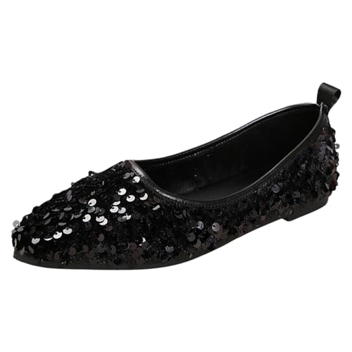 Briskorry Elegante Ballerinas Damen Spitzenschuhe Damen Ballett Pumps Modern Damenschuhe Flach Slip On Hausschuhe Flacher Schuhe Mit Riemchen Geschlossene Ballerinas Spitz Schuhe (L1-Black, 41) von Briskorry