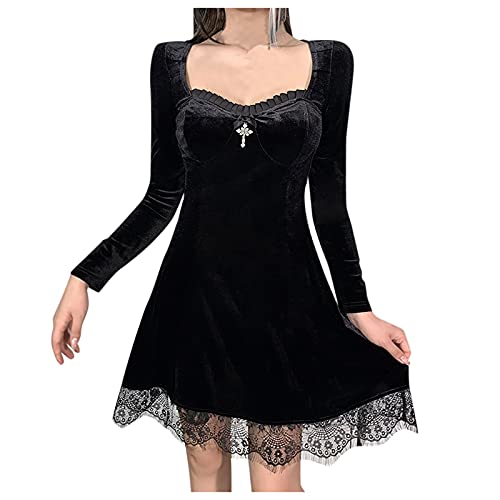 Briskorry Frauen Gothic Lolita Kleider Schwarz Vintage Grunge Layered Lace-up Kleid Punk Goth Kleider, Elegante hohe Taille Kreuz anhänger schöne Kleid von Briskorry