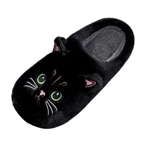 Briskorry Hausschuhe Damen Niedliche Bequeme Hausschuhe Tier Katze Plüsch Warme Winter Pantoffeln Flauschige Cute Slippers Winter Filzhausschuhe Gäste Cartoon Schlappen (Black-A, 41) von Briskorry