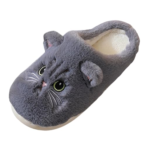 Briskorry Hausschuhe Damen Niedliche Bequeme Hausschuhe Tier Katze Plüsch Warme Winter Pantoffeln Flauschige Cute Slippers Winter Filzhausschuhe Gäste Cartoon Schlappen (Grey-A, 43) von Briskorry