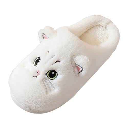 Briskorry Hausschuhe Damen Niedliche Bequeme Hausschuhe Tier Katze Plüsch Warme Winter Pantoffeln Flauschige Cute Slippers Winter Filzhausschuhe Gäste Cartoon Schlappen (White-A, 43) von Briskorry