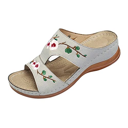 Briskorry Hausschuhe Damen Sommer Pantoletten Orthopädische Sandalen Plateau Pantoffeln Keilabsatz Schuhe Elegant Stickerei Blumen Sandaletten Casual Slippers Slingback Open Toe Sommerschuhe von Briskorry